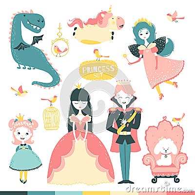 Fairy-tale heroes set. A magical story with a princess, a prince, a fairy, a dragon, a unicorn, etc. Vector illustration of cute Cartoon Illustration