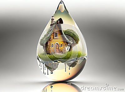 Fairy tale house in a drop of water, fantasy illustration generated by AI Cartoon Illustration