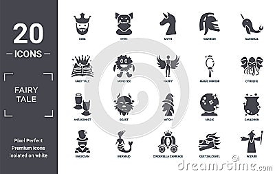 fairy.tale icon set. include creative elements as king, narwhal, magic mirror, witch, mermaid, antagonist filled icons can be used Vector Illustration