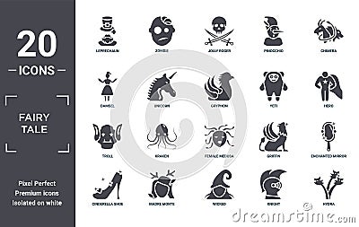 fairy.tale icon set. include creative elements as leprechaun, chimera, yeti, female medusa, madre monte, troll filled icons can be Vector Illustration