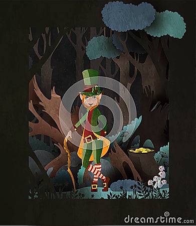Fairy tale illustration Leprechaun wearing hardtop hat with pot of gold coins in front of dark forest Vector Illustration