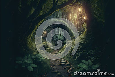 Fairy tale image with fairy forest, tall trees and green grass, and a mysterious path, Generative Ai Stock Photo