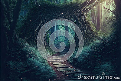 Fairy tale image with fairy forest, tall trees and green grass, and a mysterious path, Generative Ai Stock Photo