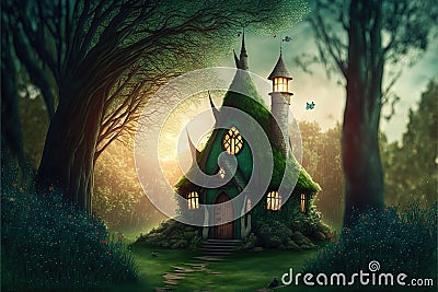 Fairy tale image with fairy forest, tall trees and green grass, and a mysterious path, Generative Ai Stock Photo