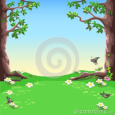 Fairy tale landscape of a forest glade with large trees Vector Illustration