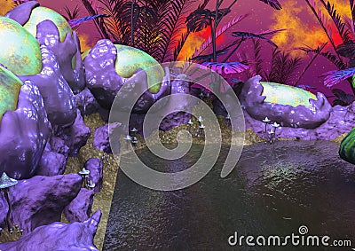 Fantasy lake surround by odd plants and eggs. Stock Photo