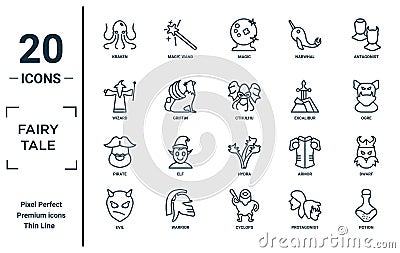 fairy.tale linear icon set. includes thin line kraken, wizard, pirate, evil, potion, cthulhu, dwarf icons for report, presentation Vector Illustration