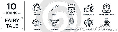 fairy.tale linear icon set. includes thin line warrior, viking, little riding hood, minotaur, golem, leprechaun, chimera icons Vector Illustration