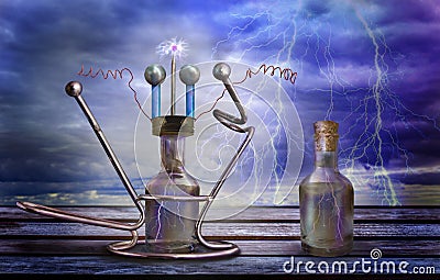 Fairy tale mechanism, machine for catching lightning. Mystical device with glass bottle and thundery sky with lightning Stock Photo