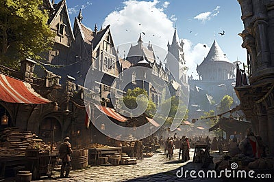 Fairy tale medieval fairytale castle fairytale town, AI Generated Stock Photo