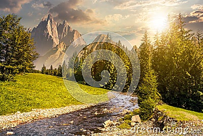 Fairy tale mountainous summer landscape at sunset Stock Photo