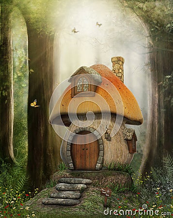 Fairy Tale Mushroom House Cartoon Illustration