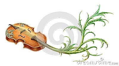 Fairy-tale mystic violin with plant scroll painting. Isolated on Stock Photo
