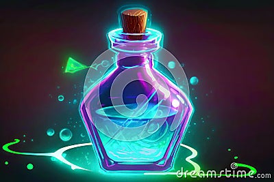 Fairy tale neon painted poison colorful potion on table, generative ai Stock Photo