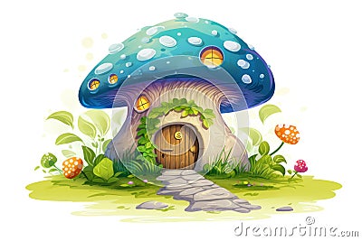 A fairy tale painting cartoon house, built in a giant blue mushroom. Isolated white background Stock Photo