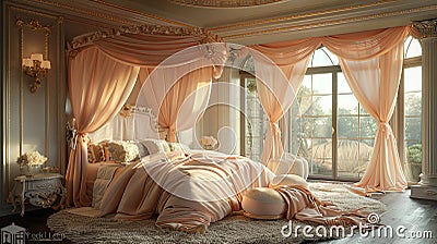 Fairy-tale princess bedroom with a canopy bed and whimsical decor3D render Stock Photo