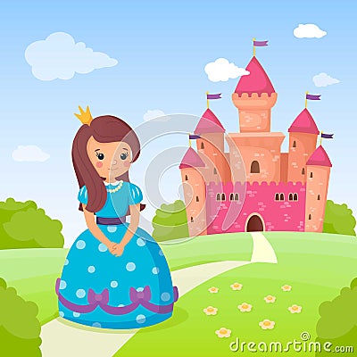 Fairy tale princess in blue beautiful dress and her cute pink castle. Pretty girl on the road to go home. Summer Vector Illustration