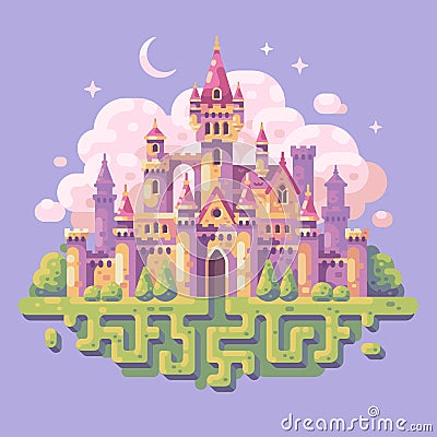 Fairy tale princess castle flat illustration. Fantasy landscape Vector Illustration