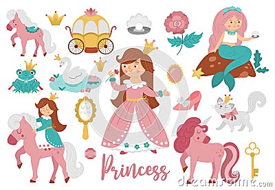 Fairy tale princess collection. Big vector set of fantasy girl, carriage, mermaid, unicorn frog prince, swan. Medieval fairytale Vector Illustration