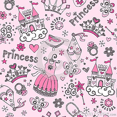 Fairy Tale Princess Seamless Pattern Sketchy Doodl Vector Illustration