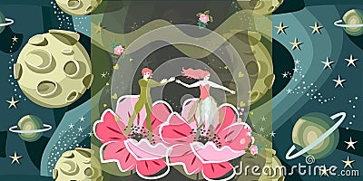 Fairy tale about romantic couple. Beautiful prince and princess - fairies of flowers - in magic space Vector Illustration