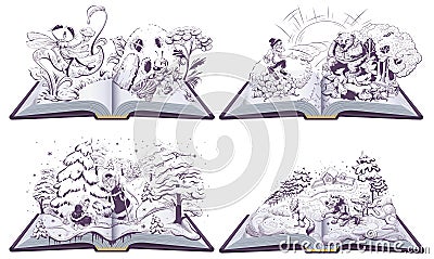 Fairy tale set open book illustration. Wolf and fox, old man and bear Vector Illustration