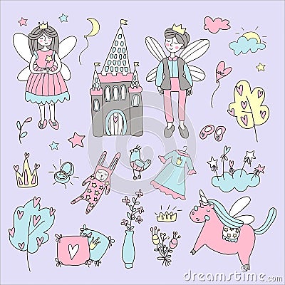 Fairy tale set with with winged characters, the castle, unicorn. Doodle vector illustration. Vector Illustration