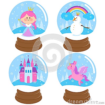 Fairytale snow globes. Vector illustration set Vector Illustration