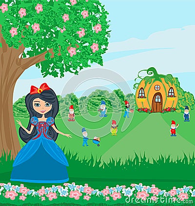 Fairy tale Snow White and 7 Dwarfs Vector Illustration