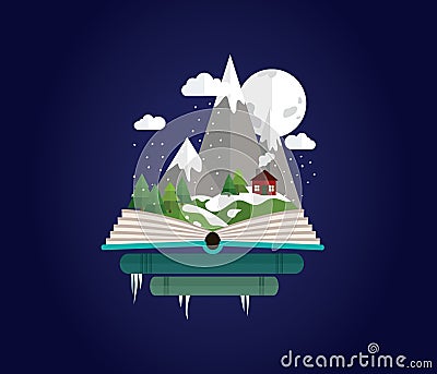 Winter mountains landscape in the night. Fairy tale story Vector Illustration