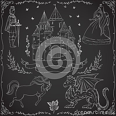 Fairy tale theme. Prince, princess, castle, dragon, fairy, horse. Vector Illustration