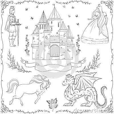 Fairy tale theme. Prince, princess, castle, dragon, fairy, horse. Vector Illustration