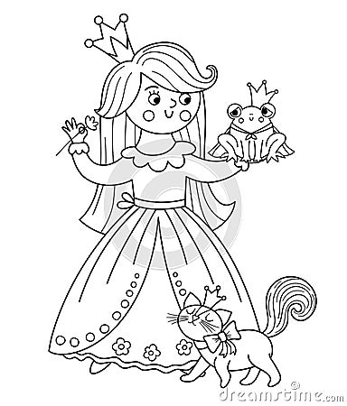 Fairy tale vector black and white princess with frog prince and cat. Fantasy line girl in crown. Medieval fairytale maid coloring Vector Illustration