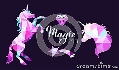 Fairy tale vector geometric Low Poly style collection with Unicorns and other elements of Wizard world Vector Illustration