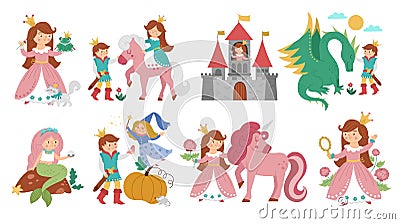 Fairy tale vector princess set. Fantasy girl collection. Medieval fairytale maid in pink dress. Girlish cartoon magic icons pack. Vector Illustration
