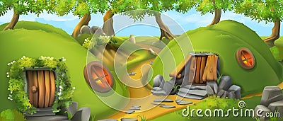 Fairy Tale Village. Leprechaun house. Landscape vector illustration Vector Illustration