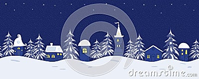 Fairy tale winter landscape. Seamless border with fantastic lodges and fir trees Vector Illustration