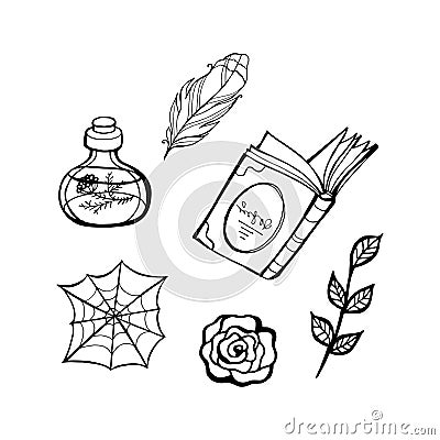 Fairy tale witch set. Halloween line vector illustration. Fantasy icons, mono vector symbols Vector Illustration
