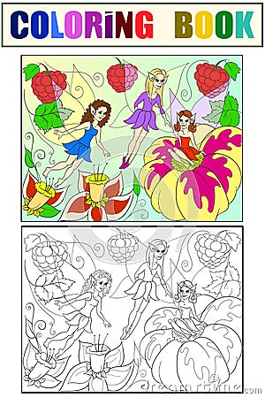 Fairy-tale world of fairies coloring book for children cartoon illustration. White, black and color Vector Illustration