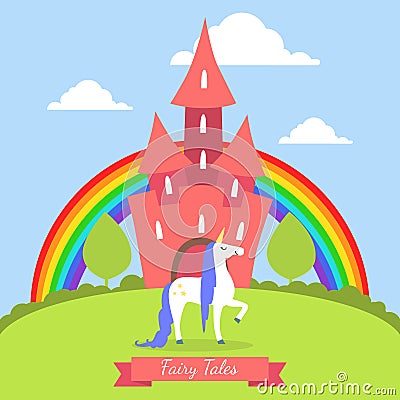 Fairy Tales Banner Template, Cute Magic Castle with Rainbow and Unicorn on Summer Landscape Vector Illustration Vector Illustration