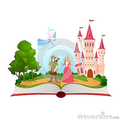 Fairy tales book. Fantasy tale characters, magic life library. Open book with fantasy kingdom castle. Kids dream vector Vector Illustration