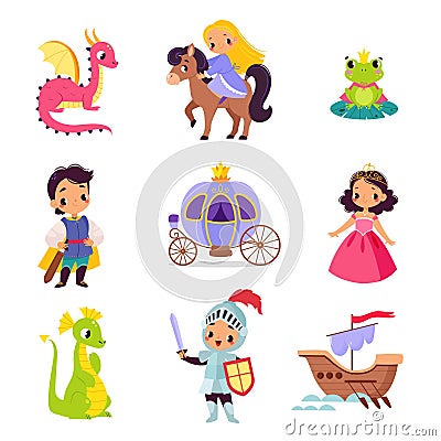 Fairy Tales Character with Dragon, Frog, Knight, Princess, Carriage and Boat Vector Set Vector Illustration