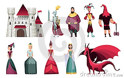 Fairy tales characters. Fantasy knight and dragon, prince and princess, magic world queen and king with castle tale Vector Illustration