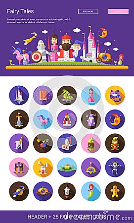 Fairy tales flat design cartoon characters icons set with header Vector Illustration