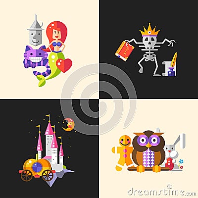 Fairy tales flat design magic cartoon characters compositions set Vector Illustration