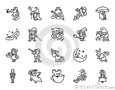 Fairy tales icons set. Set of Fantasy Related Vector Line Icons. Set of 20 minimal fable icons Vector Illustration