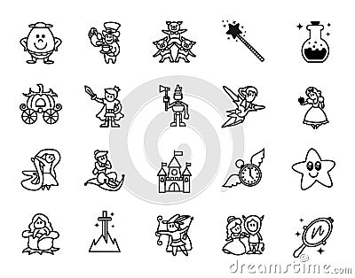 Fairy tales icons set. Set of Fantasy Related Vector Line Icons. Set of 20 minimal fable icons Vector Illustration