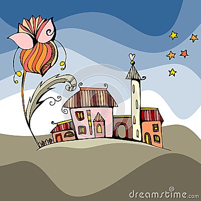 Fairy town under the big flower Vector Illustration