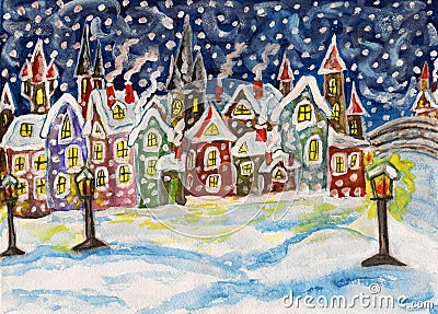 Fairy town in winter, handdrawn painting Cartoon Illustration