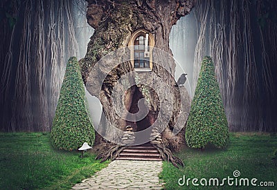Fairy tree house in fantasy dark forest Stock Photo
